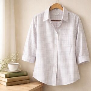 L.L. Bean M Wrinkle-Free Tailored 3/4 Slv Button-Front Shirt‎ Cotton White Multi